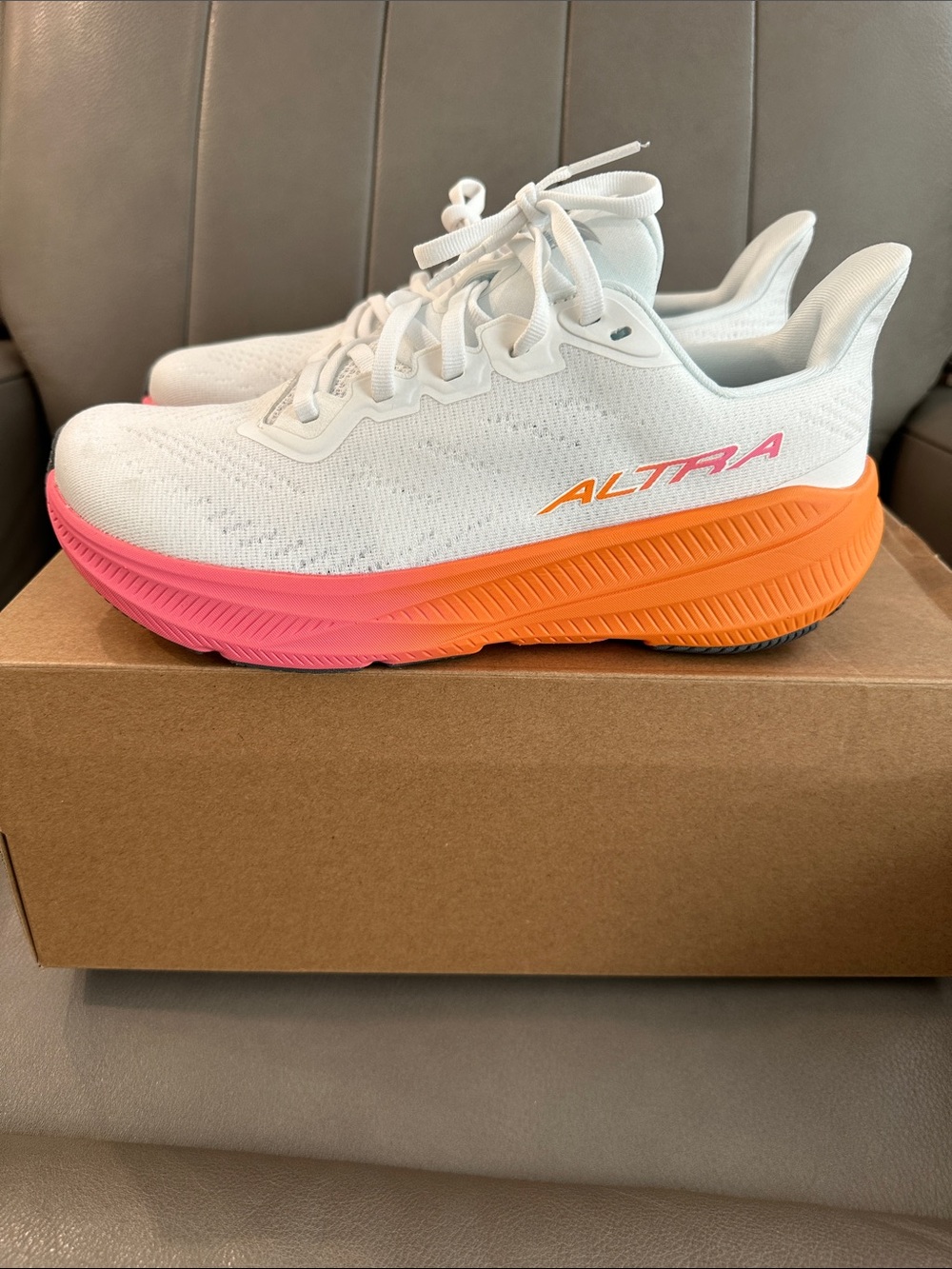 Altra White Running Shoes with Orange and Pink Gradient Sole - Picture 5 of 14